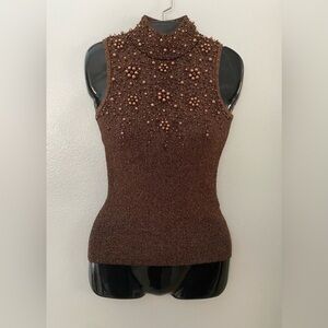 NWT CACHE Brown Beaded Sleeveless Turtleneck Sweater Top, Shirt Sz XS